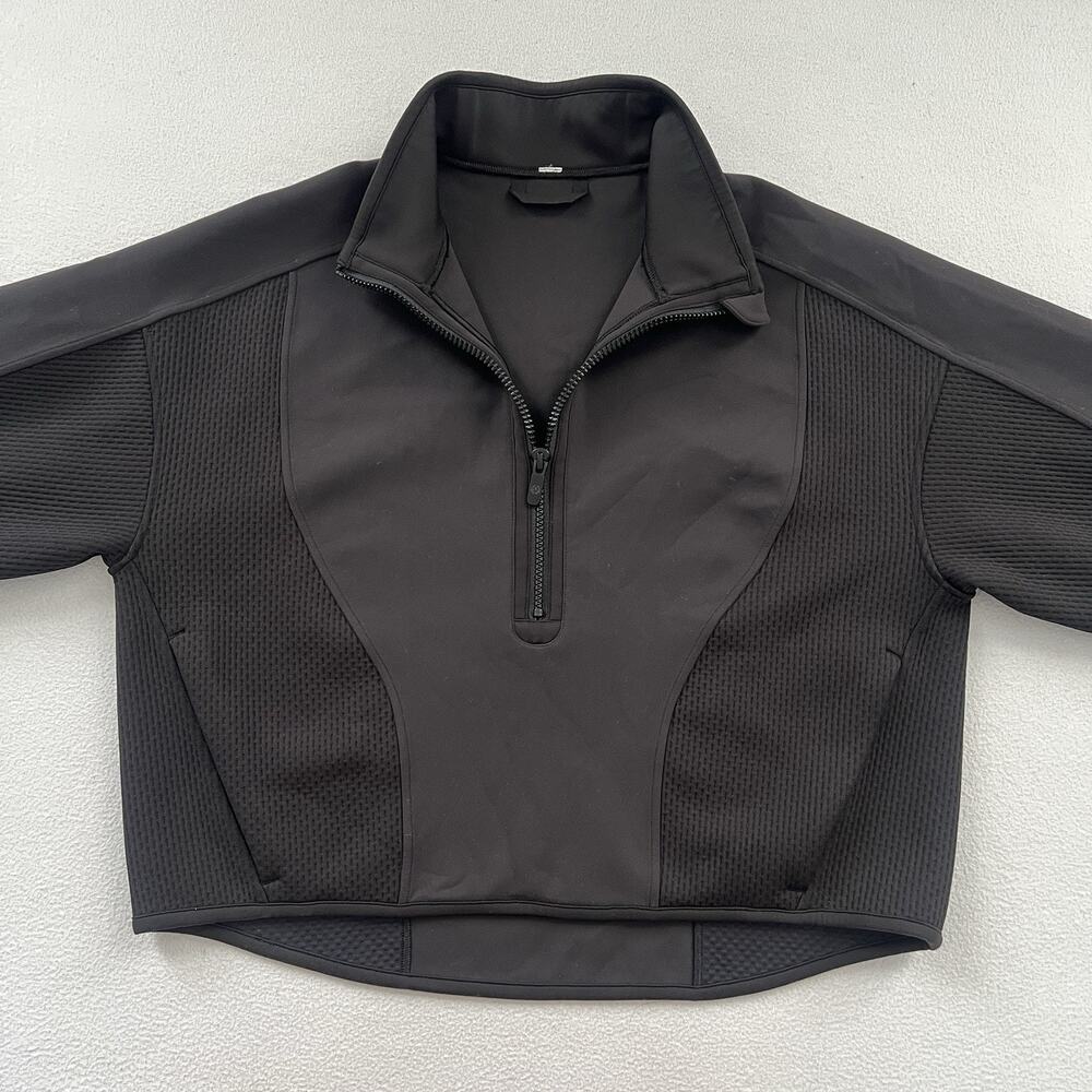 Lululemon Women Solid Black Cropped Mixed Fabric Half-Zip Pullover Jacket M